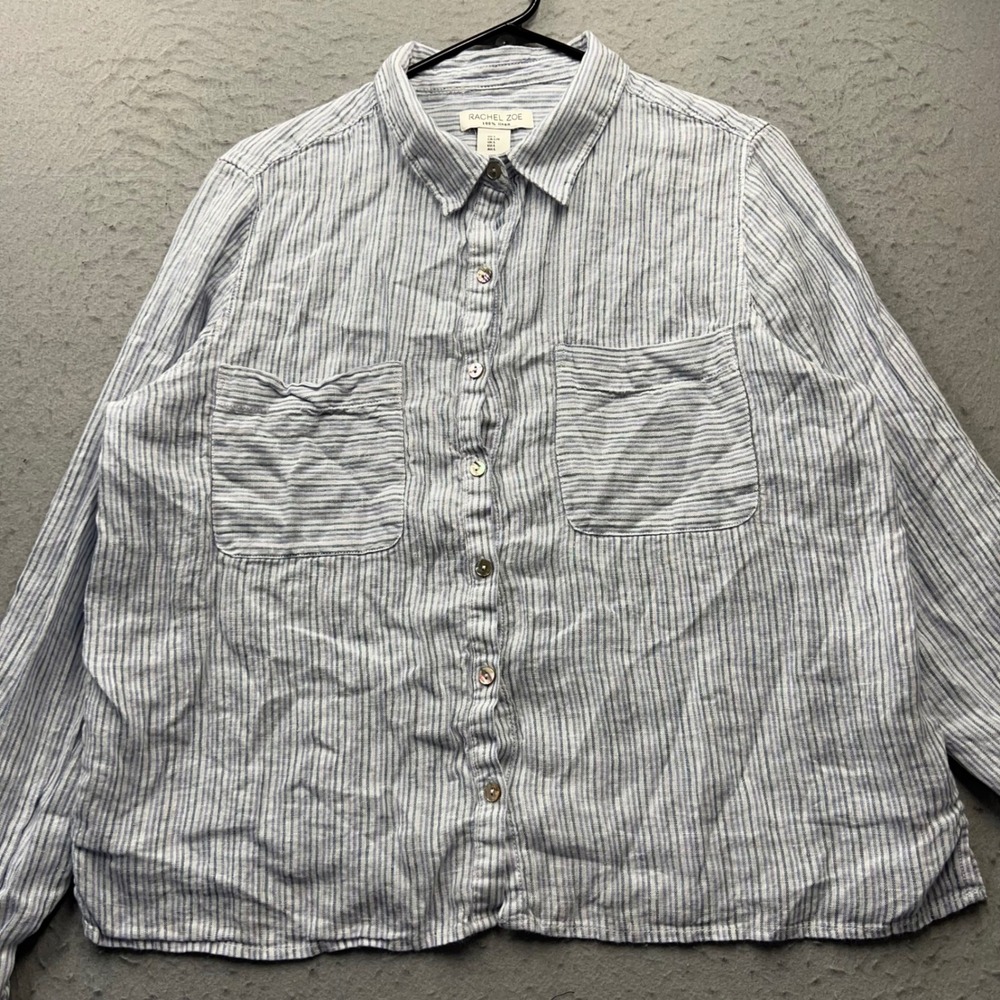 Rachel Zoe Womens Linen Button Down Shirt Blue White Striped Size L Pocket 1973‎